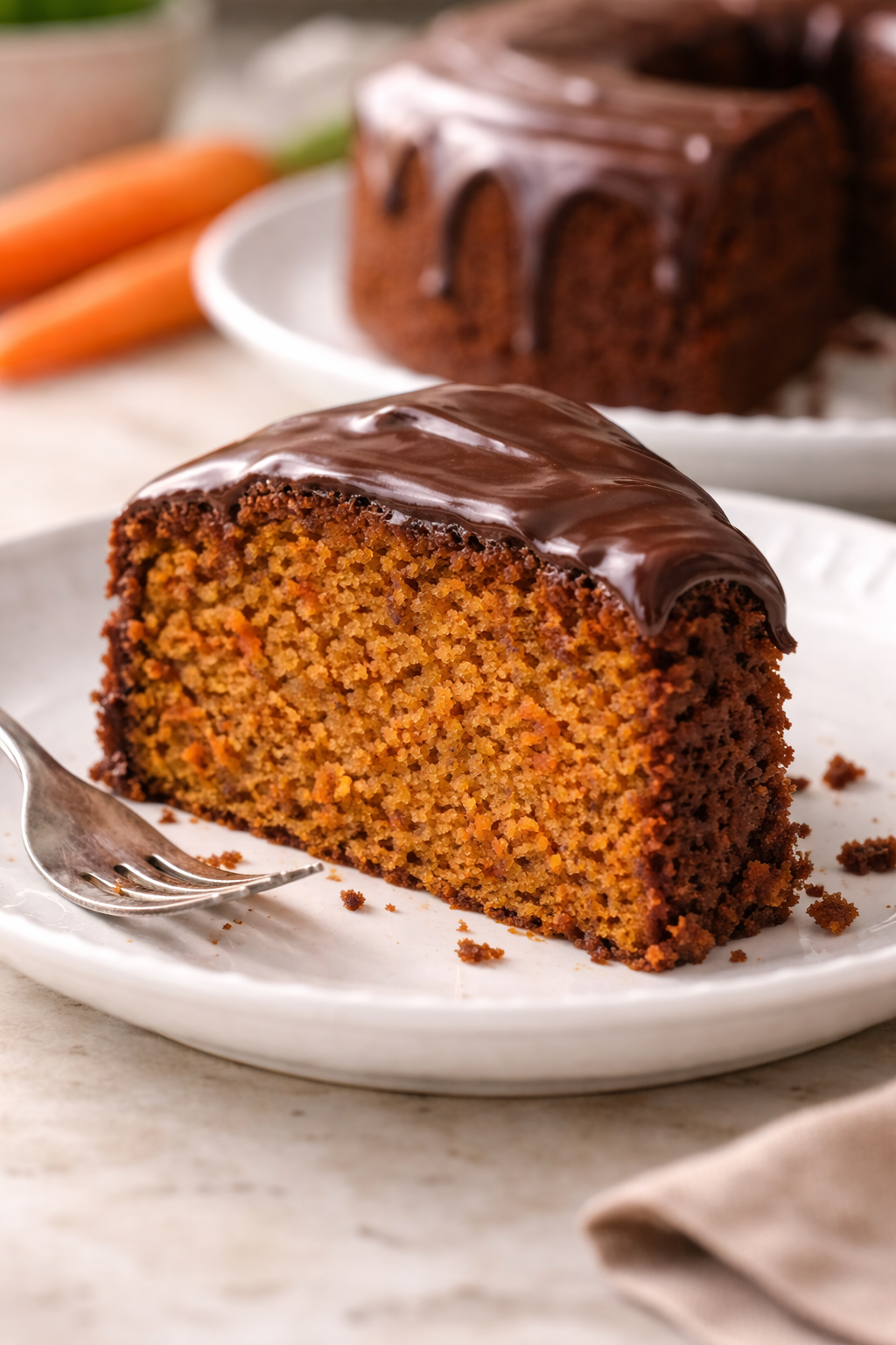 Fatia de bolo de chocolate mostrando a textura macia do bolo.