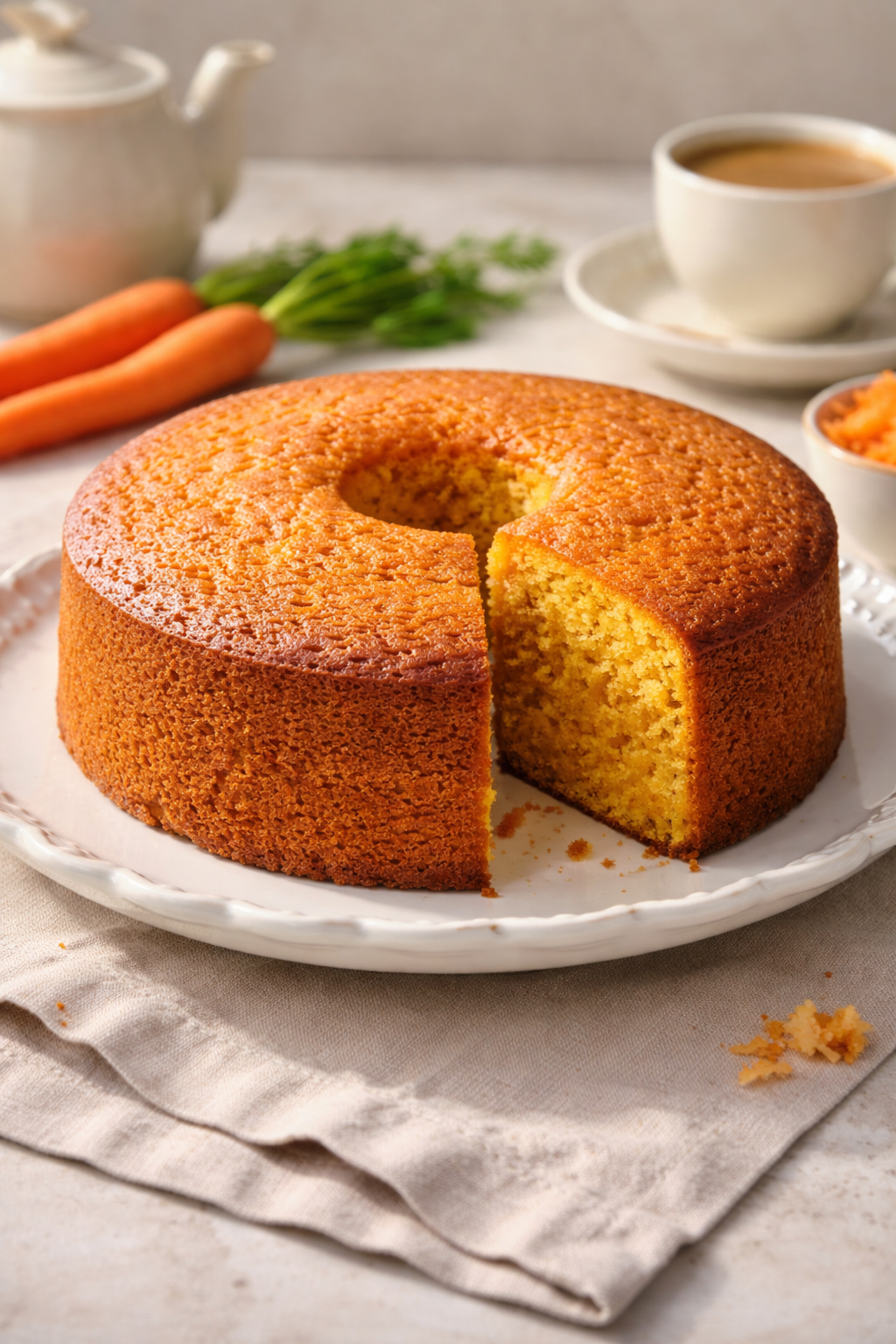 Bolo caseiro de cenoura apresentado em uma mesa clara.