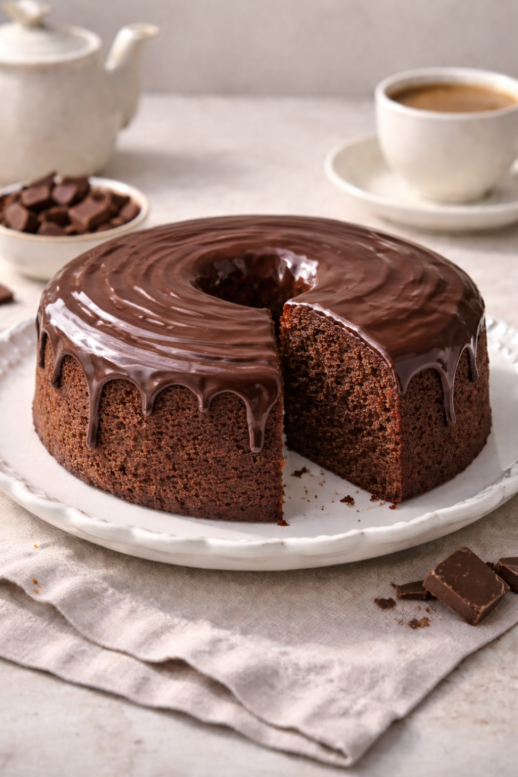 Bolo caseiro de chocolate com cobertura de chocolate.